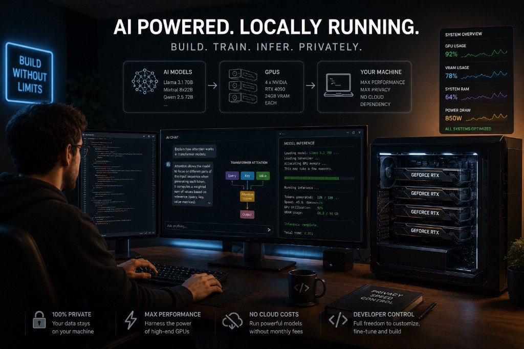AI models running on GPUs — developer at a multi-GPU workstation running Llama and Mixtral locally with 100% privacy and max performance