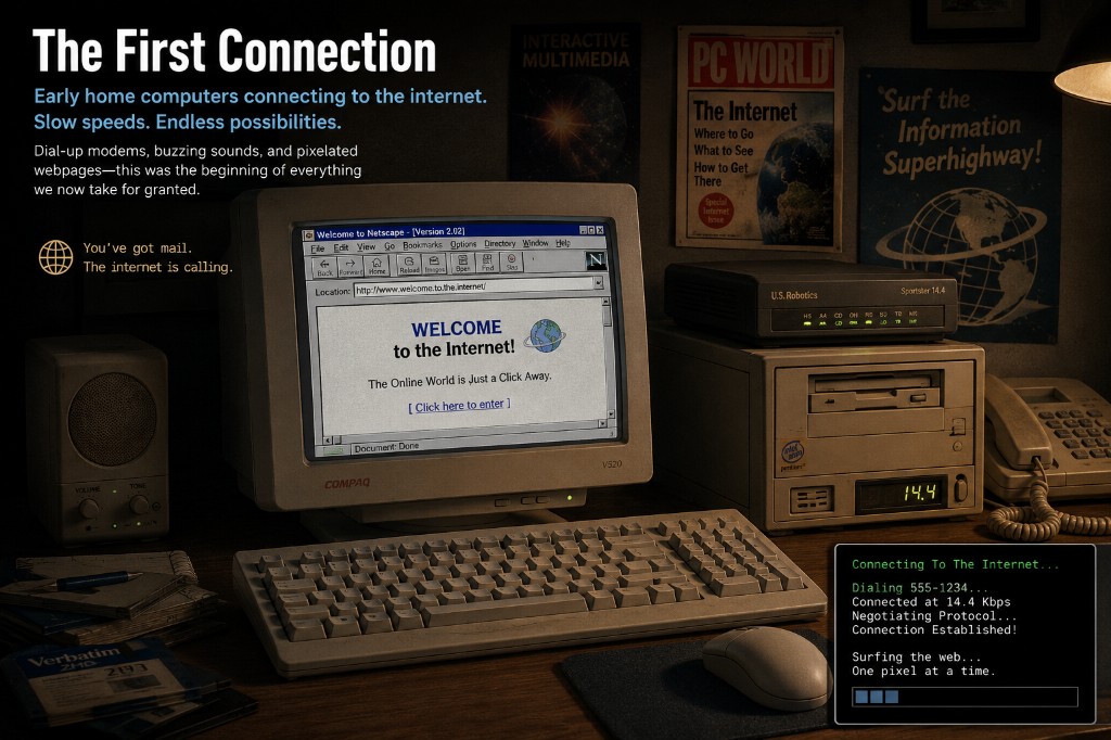 Early home computers connecting to the internet — dial-up era setup with Netscape browser, 14.4 Kbps modem, and slow-loading webpages