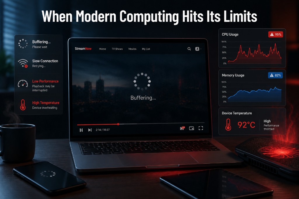 Laptop buffering video with streaming UI, CPU usage spikes at 95%, memory at 82%, and overheating device at 92°C