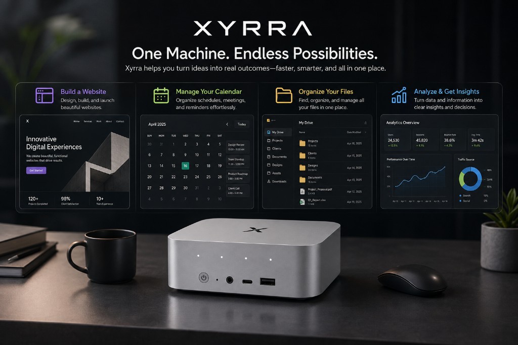 Xyrra high-performance AI workstation — compact powerful machine built for websites, calendars, files, and analytics in one place