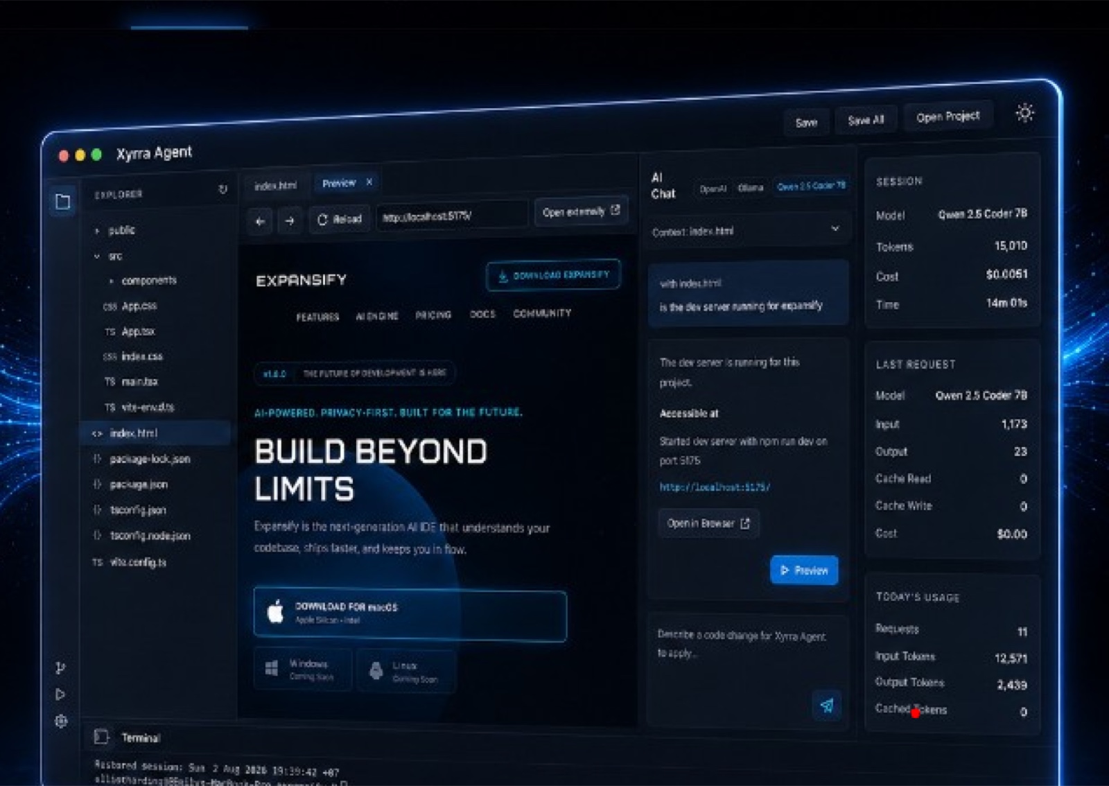 Xyrra Agent IDE with file explorer, live preview, AI chat, and session metrics