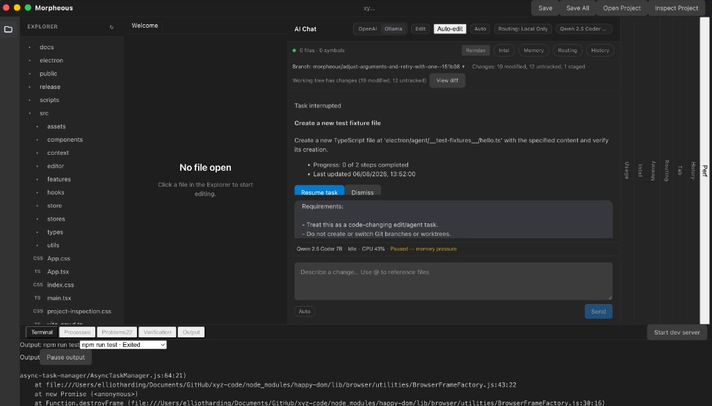 Xyrra Agent workspace with file explorer, AI chat, and terminal