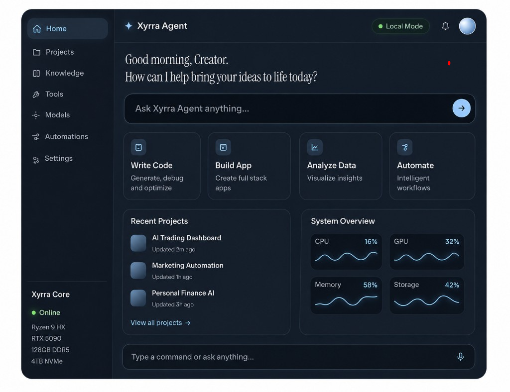 Xyrra Agent workspace with prompt bar and system monitoring