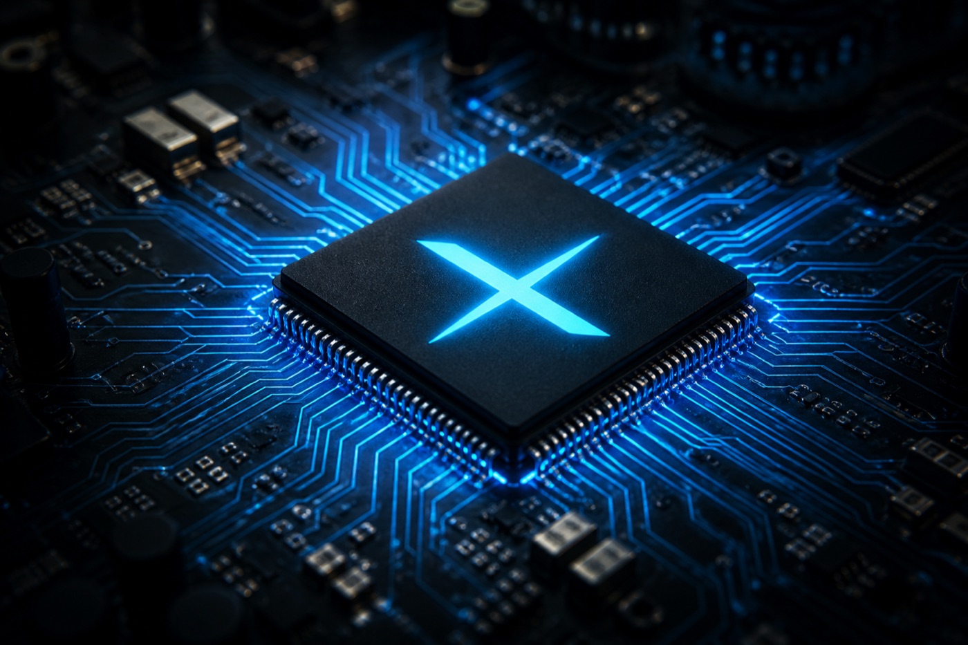 Close-up of a processor with a glowing Xyrra X mark and blue circuit pathways